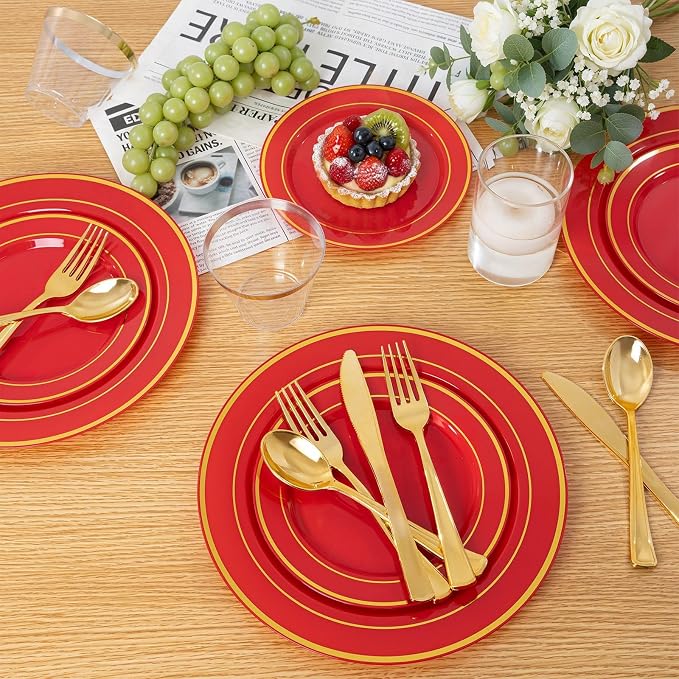 350Pieces Red Plastic Plates with Gold Rim Include 50Dinner Plate 10inch 50Dessert Plate 7inch 50 gold Cups 9 OZ, 50 Pre Rolled Napkins for Wedding/Birthday/Christmas/Party