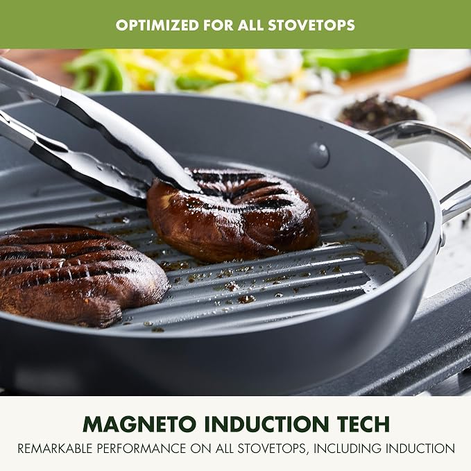 GreenPan Valencia Pro 11" Ceramic Nonstick Grill Pan, Hard Anodized | PFAS-Free Nonstick, Induction Ready, Compatible with all Stovetops, Hard Anodized, Gray, Dishwasher Safe, Oven Safe to 600F