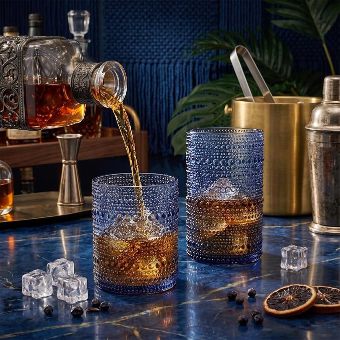 Hobnail Drinking Glasses Set of 12 Kitchen Glass Cups Glassware, Blue | 12 oz Highball Glasses & 10 oz Cocktail Glasses, Clear Embossed Glassware Set for Beer, Juice, Cocktail, Whiskey, Milk