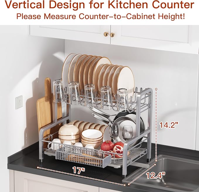 2 Tier Large Stainless Steel Dish Drying Rack for Kitchen Counter | Big Dish Drainer with Drainboard, Cup & Utensil Holder, Space Saving Rustproof Countertop Metal Plate Dryer Rack, Fast Drain