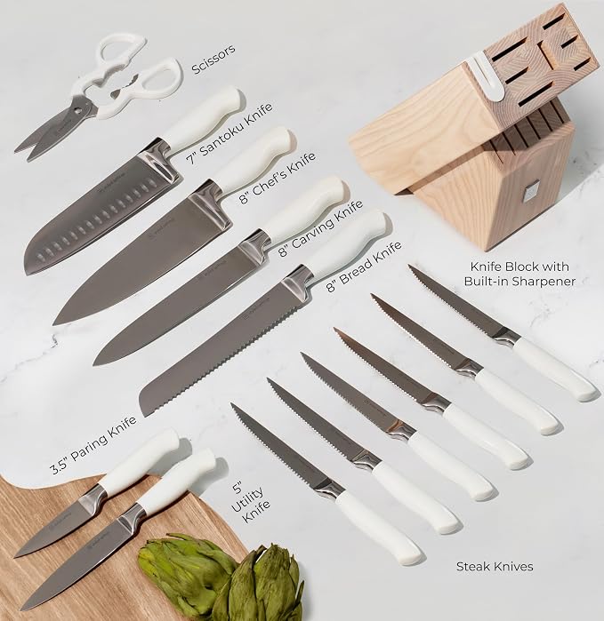 Styled Settings White Knife Set with Block and Sharpener, 14-Piece | High Carbon Stainless Steel Knives with Ashwood Block and Built-In Sharpener - Durable White Kitchen Accessories for Cooking
