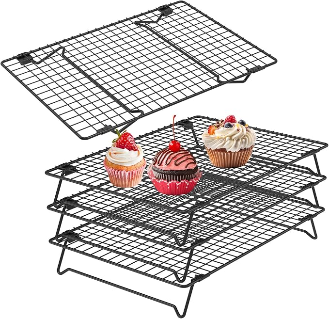 4 Pack Cookie Cooling Racks for Baking Stackable 4-Tier 13.4 x 9.4 Inch Wire Rack, Heavy Duty Baking Rack for Cookies, Cakes, Roasting, Drying, Black, Gifts for Baking Must Haves