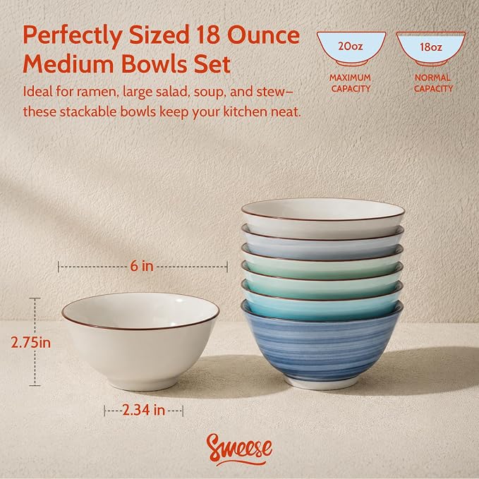 Sweese 18 oz Ceramic Soup Bowls Set of 6, Blue Pasta Bowls for Ramen, Salad, Noodles, Cereal and Soup, Stackable Serving Bowls for Everyday Meals