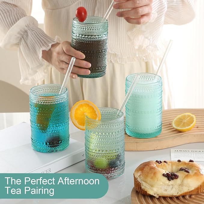 ZMOWIPDL Drinking Glasses Set of 12,Light Blue 12oz & 15oz Glass Cups | Vintage Hobnail Glassware，Embossed Water Tumbler,for Beer,Cocktail,Whiskey,Juice and Various Mixed Drinks