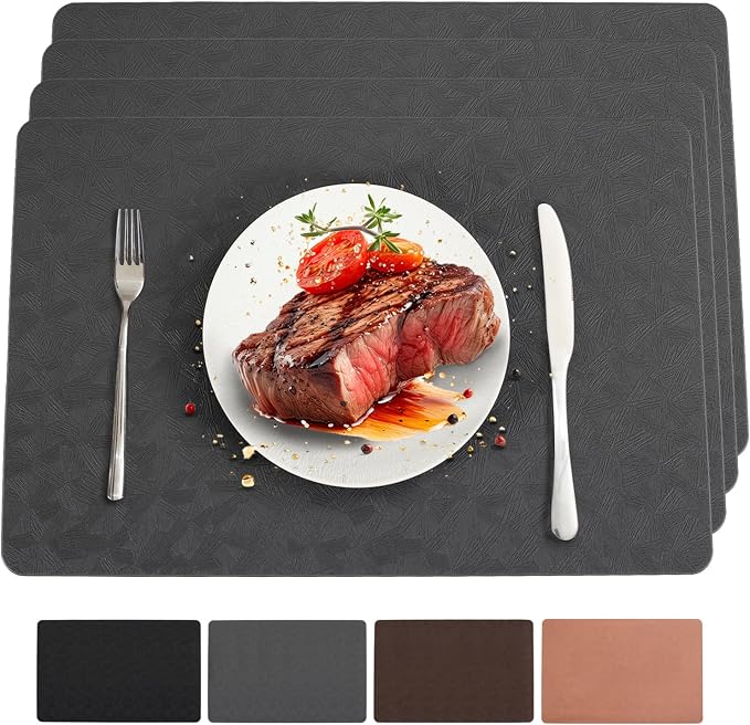 Gray Vinyl Placemats Set of 4 Waterproof Wipeable Table Mats | Heat Resistant Easy Clean Place Mats Faux Leather Table Mats Washable PVC Table Placemats for Dining Table