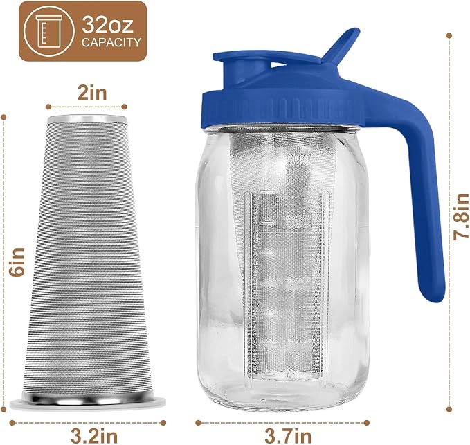 Cold Brew Coffee Maker, 32 oz Mason Jar Pitcher with Stainless Steel Filter, Pour Spout Handle Lid, Heavy Duty Glass Airtight & Leak-Proof for Iced Coffee,Tea & Lemonade