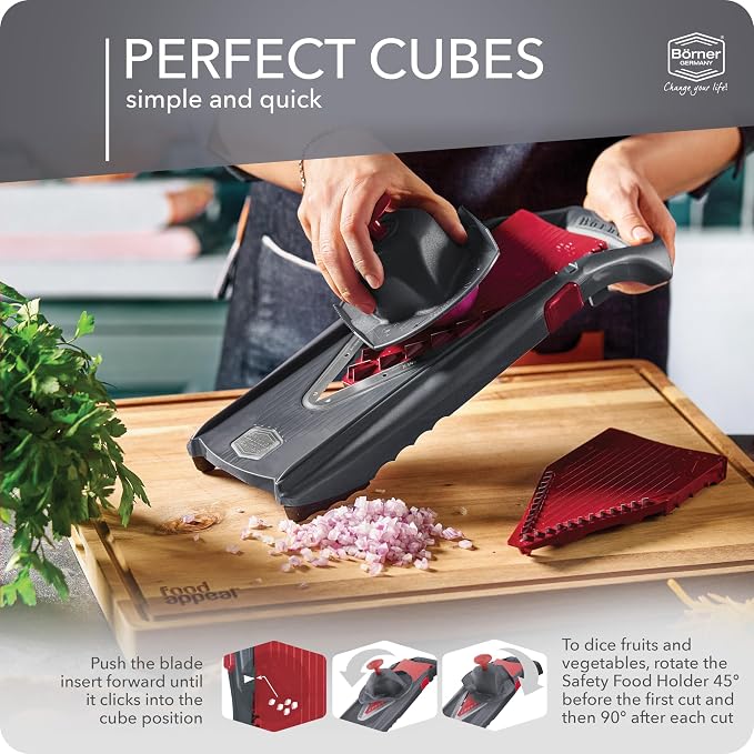 Börner Mandoline Slicer Vital (Starter Set) • Vegetable Slicer with Stainless Steel V-Blade • 10 Cutting Styles for Slices, Strips & Dices • Various Thickness Settings & Dressing Function