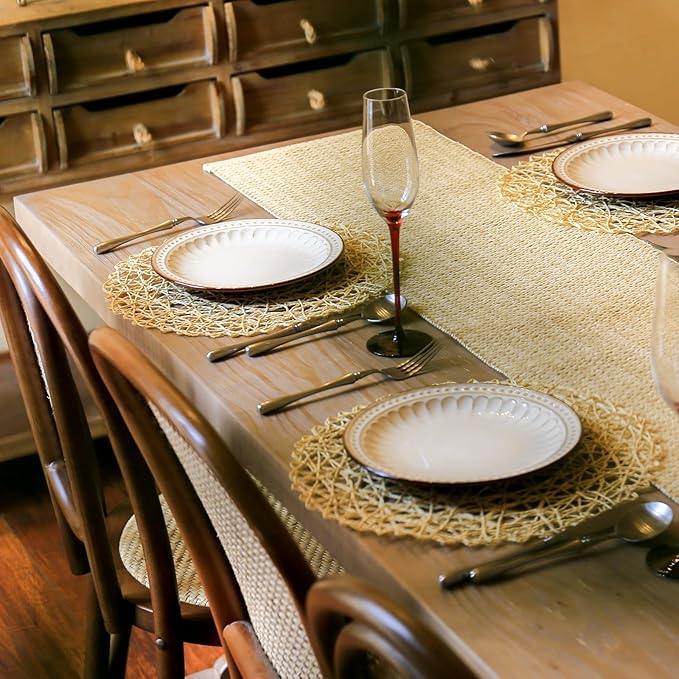 AHHFSMEI Paper Braided Round Placemats Natural Non-Slip Heat Resistant Table Mats for Dining Tables Farmhouse Woven Indoor & Outdoor Place mats for Thanksgiving (12, Beige B)