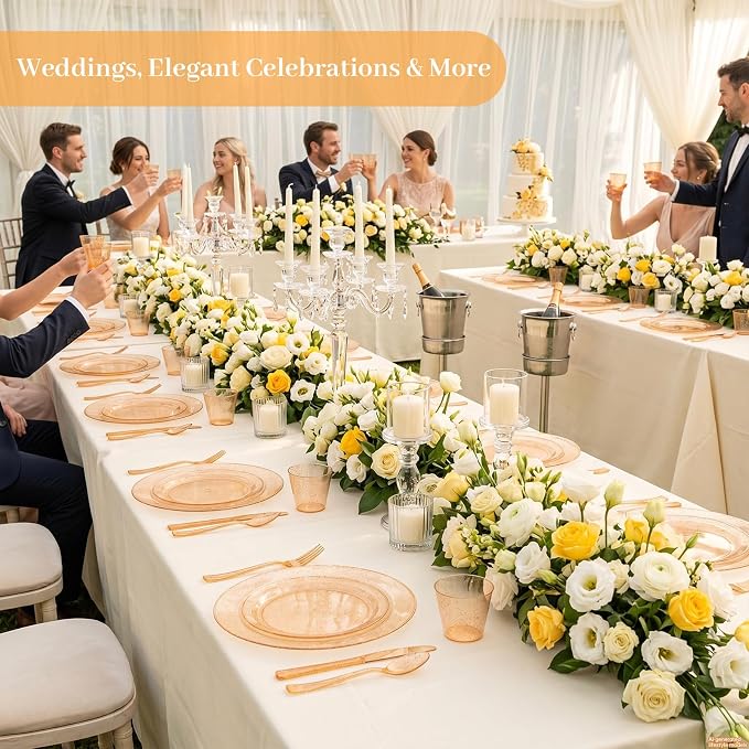 DaYammi 210PCS Orange Glitter Plastic Dinnerware Set for 30 Guests, Fancy Disposable Plates for Party, Include: 30 Dinner Plates, 30 Dessert Plates, 30 Pre Rolled Napkins with Silverware, 30 Cups