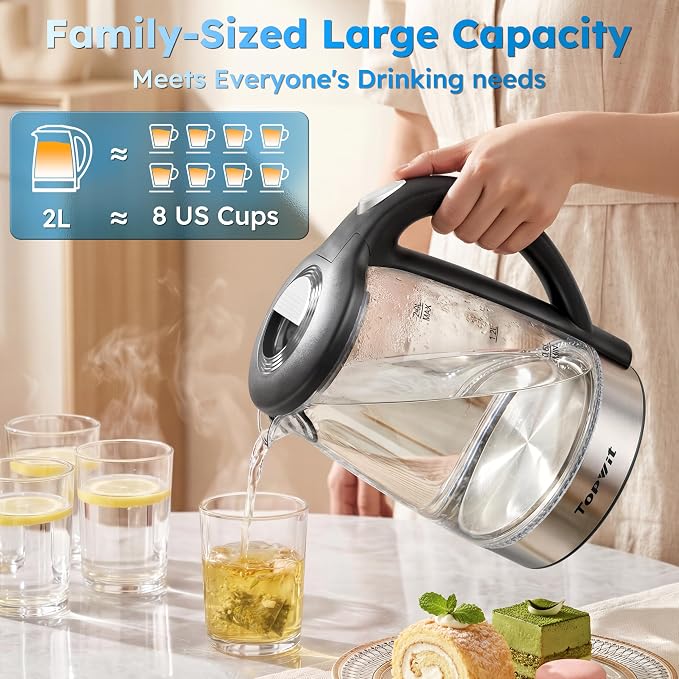 TOPWIT 2.0L Glass Electric Kettle, Hot Water Boiler, BPA-Free | Stainless Steel Bottom & Lid, Fast Boil, Auto Shut-Off & Boil-Dry Protection, No Plastic Odor | for Tea, Coffee, Home, Office