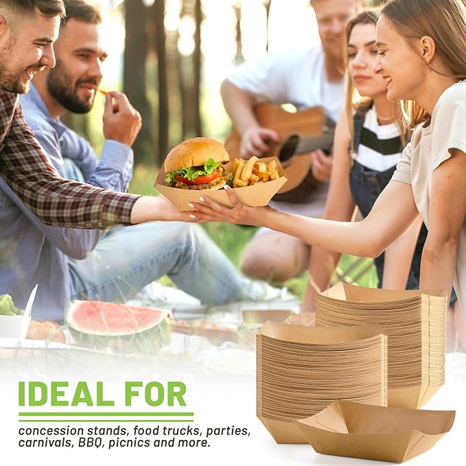 ZORRITA Large Paper Food Trays, 4 LB, 100 Pack | Disposable, Kraft Paper, Nacho Trays, Food Boats, Party Serving Basket, For Nachos Sandwiches Burgers Popcorns Salads Snacks