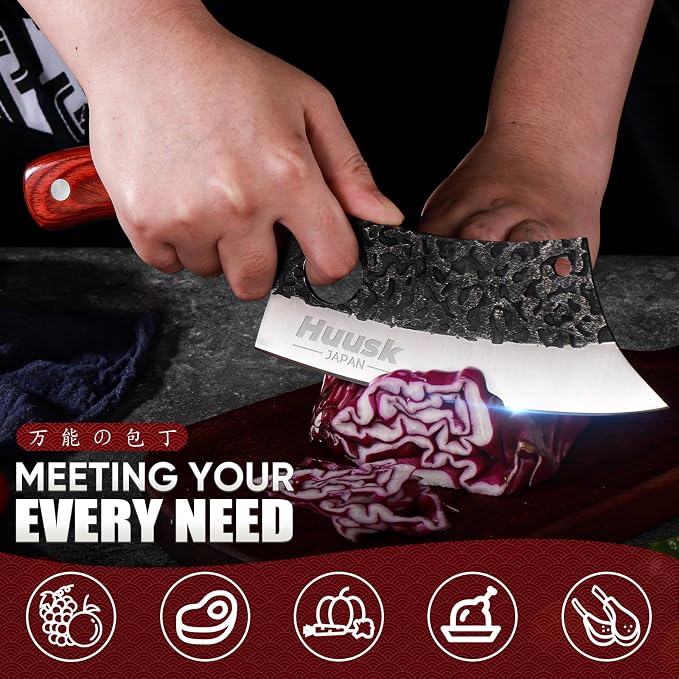 Huusk Kitchen Knife Set - Hand Forged Viking Chef Knives for Meat, Men Gift | Japanese High Carbon Steel Hand Forged, Butcher, Cleaver, Boning, Serbian Chef Knife, Rosewood Handle, for Home & Outdoor BBQ