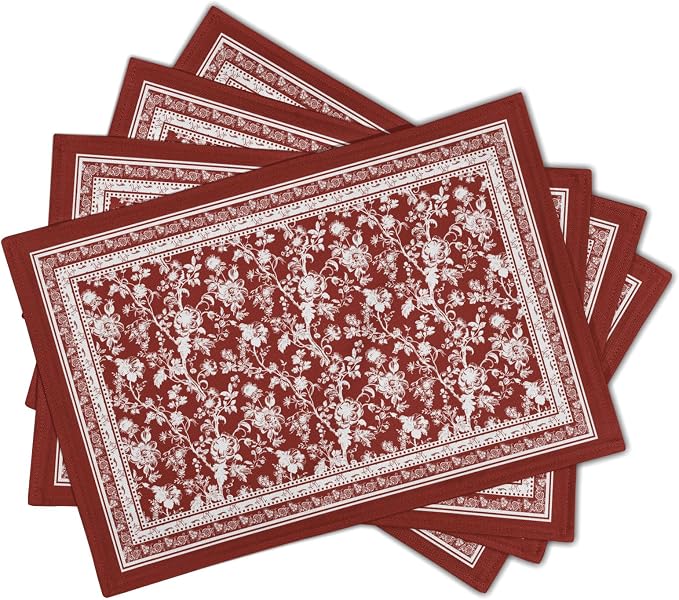 Red Placemats Set of 4，Vintage Chinoiserie Flower Branches Place Mats Heat Resistant Dining Table Mats 12 x 18 Inch Non-Slip Washable Desk Mats for Party Kitchen Dining Decoration