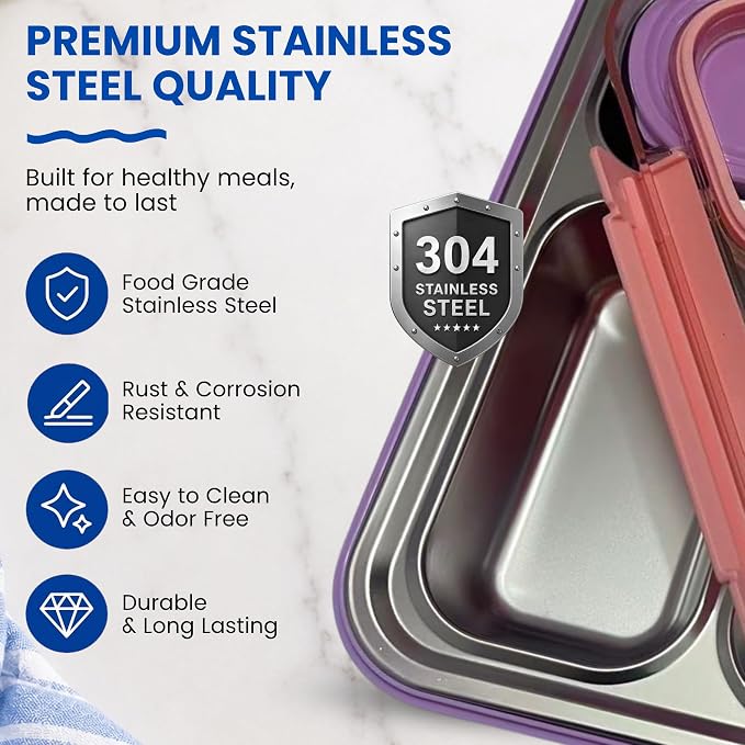Large 11" x 8" Stainless Steel Bento Lunch Box for Adults with 4 Compartments Leakproof Lid BPA-Free 304 Stainless Steel Food Container That Keeps Food Separate, Ideal for Office and Travel use, Pink