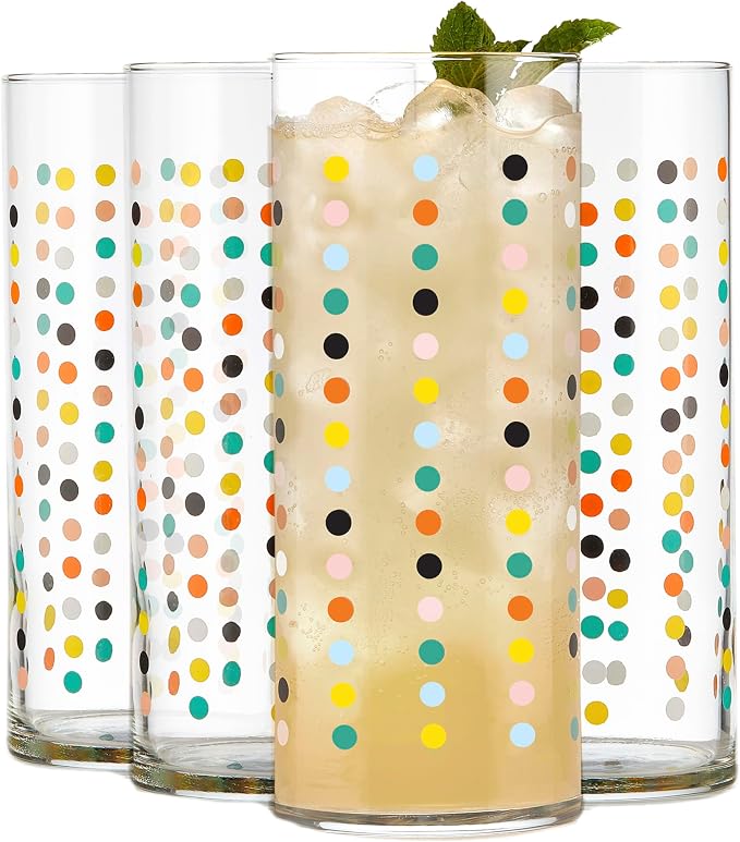 Libbey Vintage Dots Drinking Glasses Set of 4, Colorful, Retro Polka Dot Design Glass Cups Set, Dishwasher Safe Water Glasses Set for Beverages