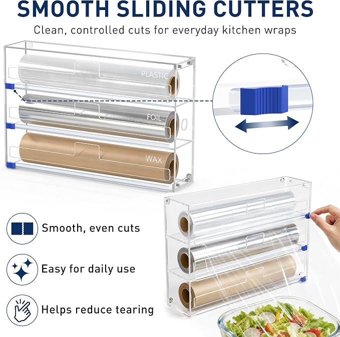 3 In 1 Acrylic Aluminum Foil, Plastic Wrap Organizer with Cutter | Clear Kitchen Storage for Wax Paper Dispenser Holder, For Drawer or Wall Mount, Fits 12 Inch Roll
