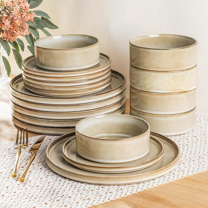 AmorArc Ceramic Dinnerware Sets for 6,18 Piece Plates and Bowls Sets Dishes | Stoneware Handmade Reactive Glaze Dishes Set | Highly Chip and Crack Resistant | Dishwasher & Microwave Safe