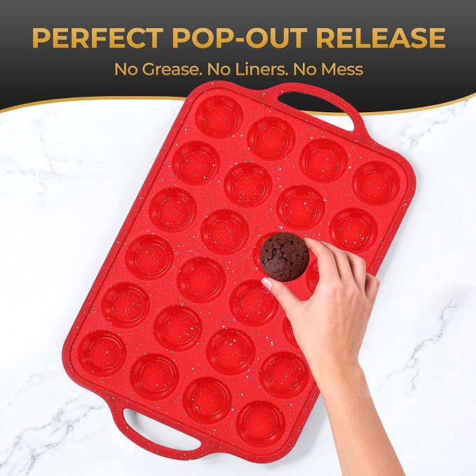 24-Cup Mini Silicone Muffin Pan with Reinforced Steel Frame,Red-Whitedot | Regular Size Cupcake Pan, BPA Free Silicone Muffin Tray, Reinforced Steel Frame for Stability, Easy Baking & Cleanup, 1Pk