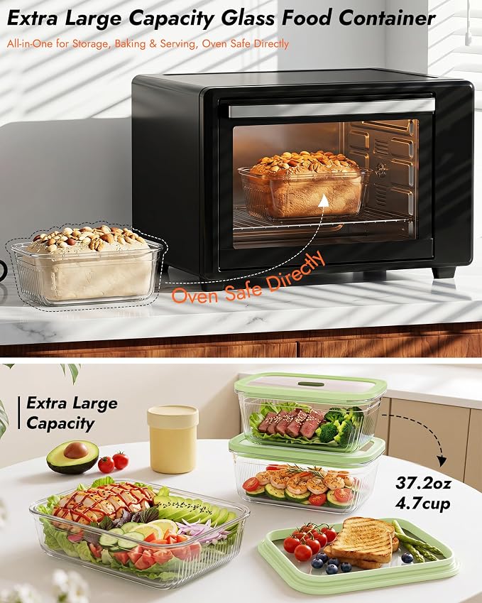 4-Pack Glass Meal Prep Containers with Easy-Open Valve & Tempered Glass Lids, 4.6 Cup (37.2oz) Airtight, Borosilicate Glass, Oven/Microwave/Freezer Safe, Gift Ready Storage Set