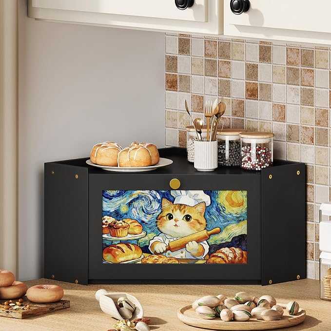 Trironsun Bread Box for Kitchen Counter Van Gogh Inspired Starry Night Cat Bread Storage Container with Acrylic Door Cute Baker Cat Design Unique Breadbox Organizer (Black, 1 Layer)