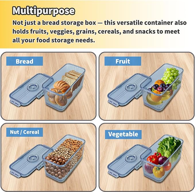 Airtight Bread Box for Kitchen Countertop, Gray, 2 PCS | Time Recording Dial, Multi-Use Food Storage, Container with Lid, Draining Tray, For Homemade Bread, Sourdough, Toast, Cookies