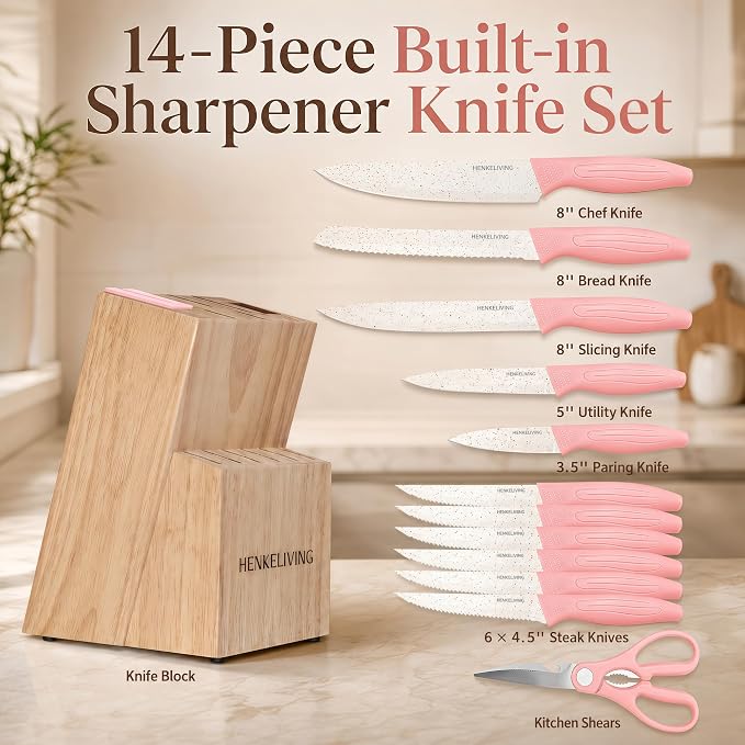 Knife Set with Built-in Sharpener Block, Dishwasher Safe | 14-Piece, High-carbon stainless steel blades, Ultra-sharp edges, Ergonomic non-slip handles, Great gift