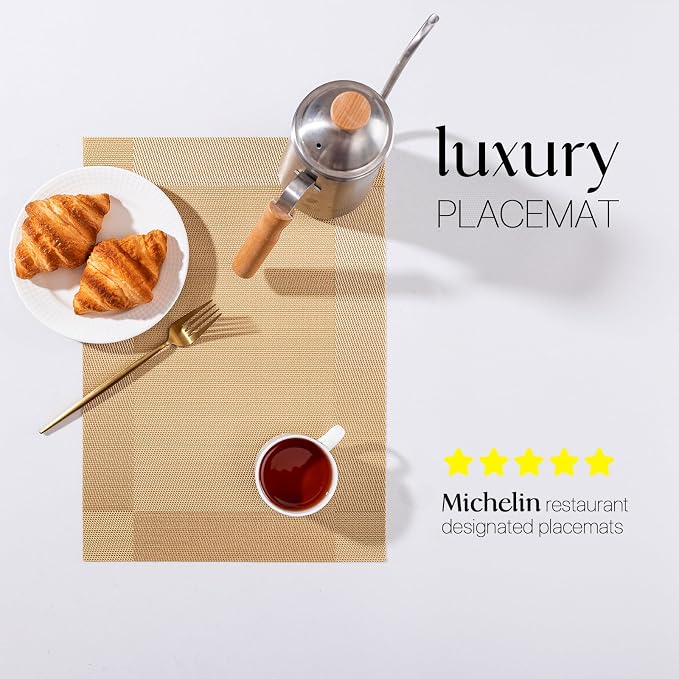 LEXMORE Placemats Set of 6 Vinyl/Plastic Woven Place Mats for Kitchen Table Indoor/Outdoor Washable Placemat Wipeable Dining Table Mats(Gold Cube)