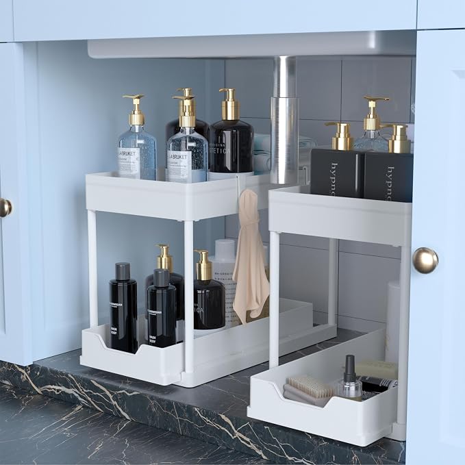 Under Sink Organizer 2 Pack,2 Tier Slide Out Storage for Kitchen Bathroom | Multi-purpose Under Cabinet Storage Rack Fit Kitchen Sink, Bathroom Vanity, Easy Assembly