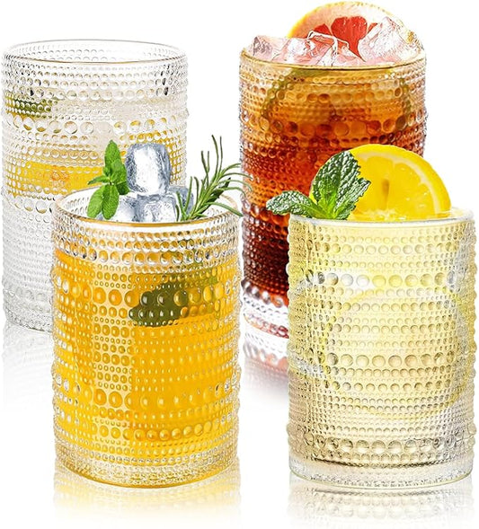 Hobnail Drinking Glasses Set of 4, 16 Oz Vintage Embossed Glass Cup Kitchen Glassware Water Tumblers for Cocktails, Beer, Juice, Whiskey