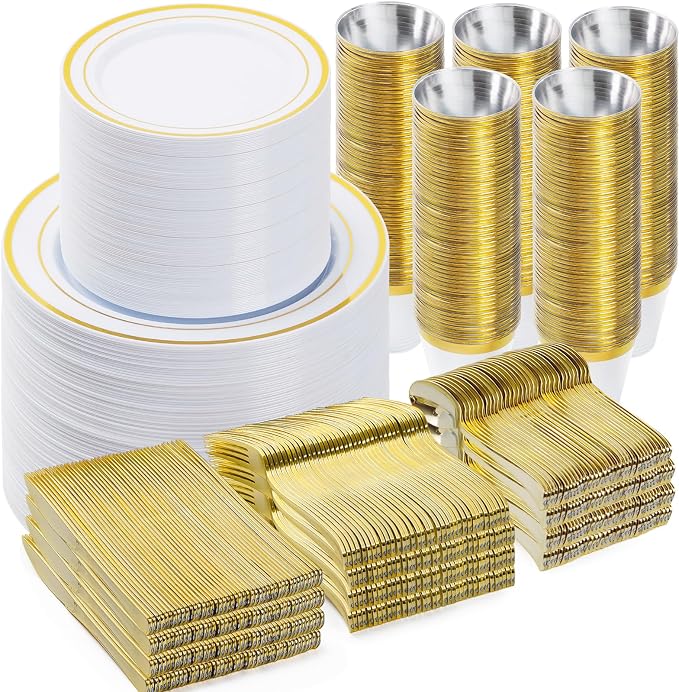 BESTVIP 900PCS Gold Dinnerware Set for 150 Guests, | Plastic Plates for Party, 150 Gold Disposable Plates, 150 Dessert Plates, 150 Cups, 150 Spoons, 150 Forks and 150 Knives