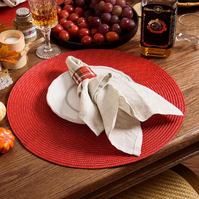 AHHFSMEI Round Placemats Set of 6 Heat Resistant Washable Non-Slip Woven Braided Table Mats for Dining Table Kitchen & Home Decor (red)