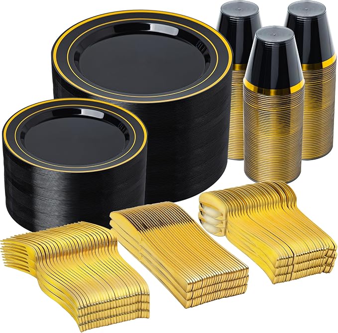 600PCS Black Gold Plastic Plates, Disposable Dinnerware Set for Party | 100 Guest, 100 Dinner & Dessert Plates, Forks, Spoons, Knives, Cups, for Birthday, Graduation, Retirement & Wedding
