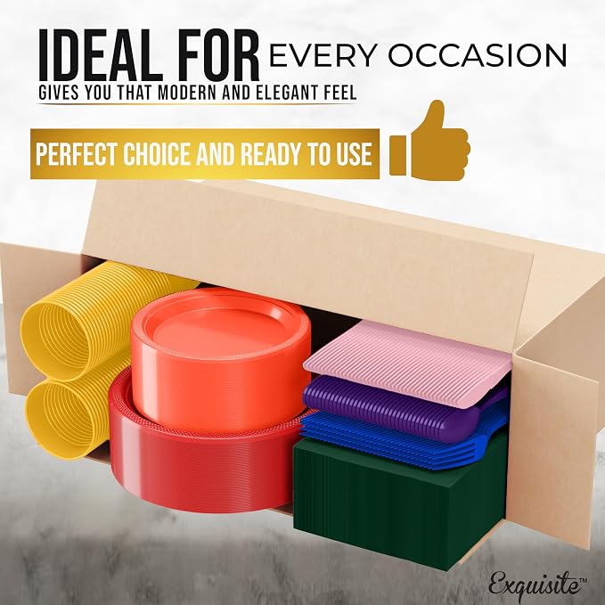 Exquisite 350 Pcs Rainbow Plastic Plates For Party, Rainbow Disposable Plates Set, 50 Of Each 9" Dinner Plate Set, 7" Dessert Plate, Cups, Napkins & Cutlery Plastic Dinnerware