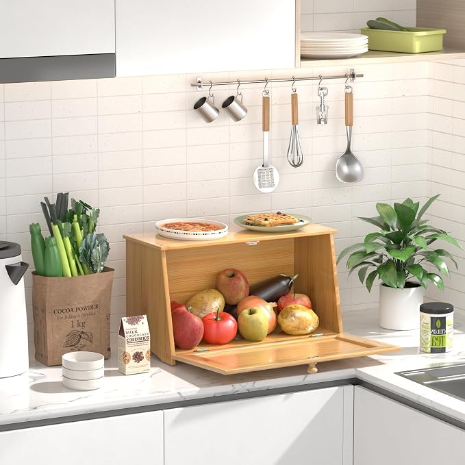 Vintage Bread Box for Kitchen Countertop, Retro Design Bread Storage Container, Farmhouse Wooden Counter Breadbox, Small Bamboo Bread Bin Holder for Homemade Bread, Natural