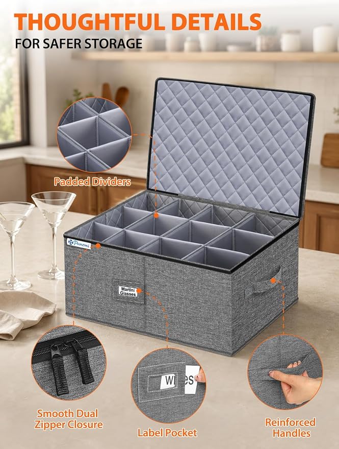 Wine Glass Storage Box for Martini, 5" Wide Cell Hard Shell China Storage Containers with Dividers, Stackable Stemware Storage Holder for Glassware, Margarita, Goblets & Brandy Snifters, Grey