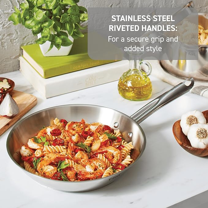 T-Fal Gourmet Stainless Steel Fry Pan 12.5 Inch Induction Compatible Skillet Pan, Fast and Even Heating, Oven Safe to 500F, Professional Grade Cookware for Home Chefs | Even heat base, Dishwasher safe, Riveted stainless steel handle, Sauté and sear cap...