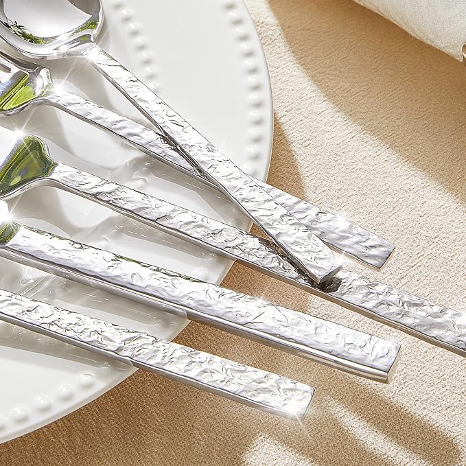 20 Pcs Hammered Silverware Set for 4, 18/10 Stainless Steel Heavy Duty Flatware Set, Tableware Cutlery Utensil Sets for Home Restaurant Dishwasher Safe