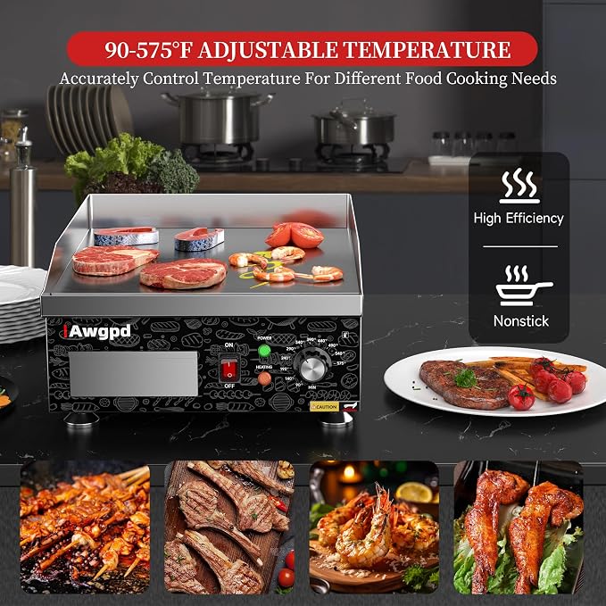 14" Commercial Electric Griddle,Electric Countertop Flat Top Griddle | 110V 1800W Electric Flat Top Grill,Non-Stick Restaurant Teppanyaki Stainless Steel Grill,Adjustable Temperature Control