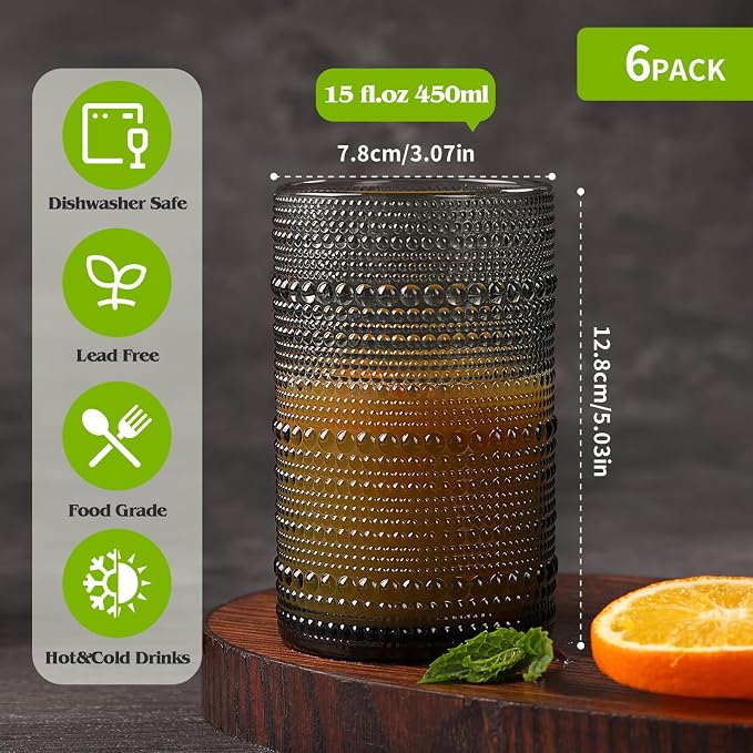 Moretoes 15oz Gray Hobnail Drinking Glasses Set of 6 | Vintage Highball Glass Cups, Kitchen Drinkware Glassware for Beer,Cocktail,Whiskey,Juice and Various Mixed Drinks