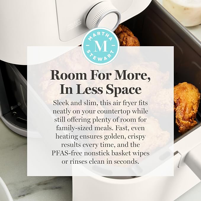 Martha Stewart 6-Quart Air Fryer, 6 Presets, Space Saving, Linen Cream | 3lb Capacity, PFAS-Free Ceramic Nonstick Basket & Tray, Bake, Roast, Broil, Dehydrate, Reheat, Shake Reminder, Heat up to 400