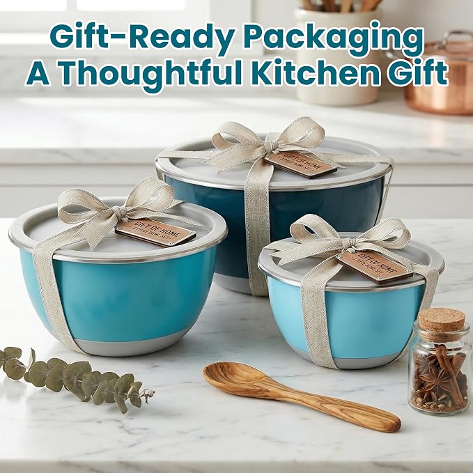 18/8 Stainless Steel Mixing Bowls Set with Lids,1.5,3 & 5 Qt,Blue | Non-Slip Silicone Base & Measurement Marks, Airtight Food Storage for Baking, Cooking & Meal Prep，Nesting Design