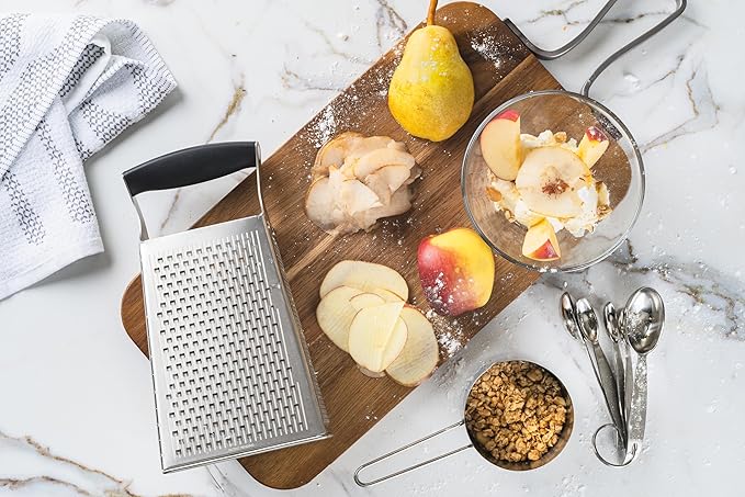 Cuisipro Stainless Steel Cheese Grater with Handle, 4 Sided Box Grater for Kitchen, Ginger Grater Dishwasher Safe, Fruit and Vegetables Slicer, Cheese Shredder for Potato, Chocolate, Parmesan, Ginger