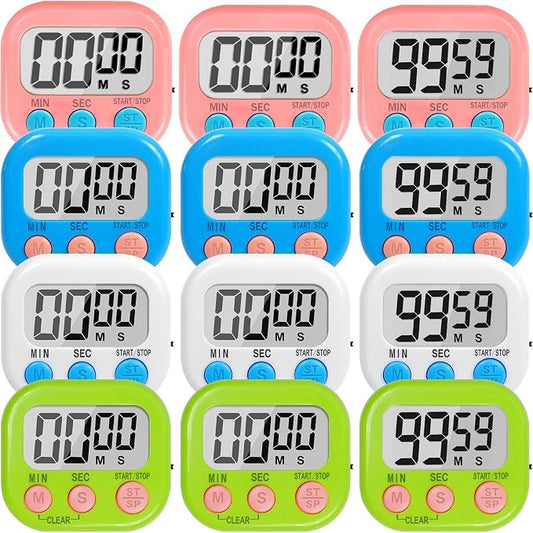 12 Pack Digital Kitchen Timers for Cooking, Loud Alarm Large LCD Display Magnetic Classroom Timers for Teachers Kids, Extensively Use in Classroom, Cooking, Meeting, Gym