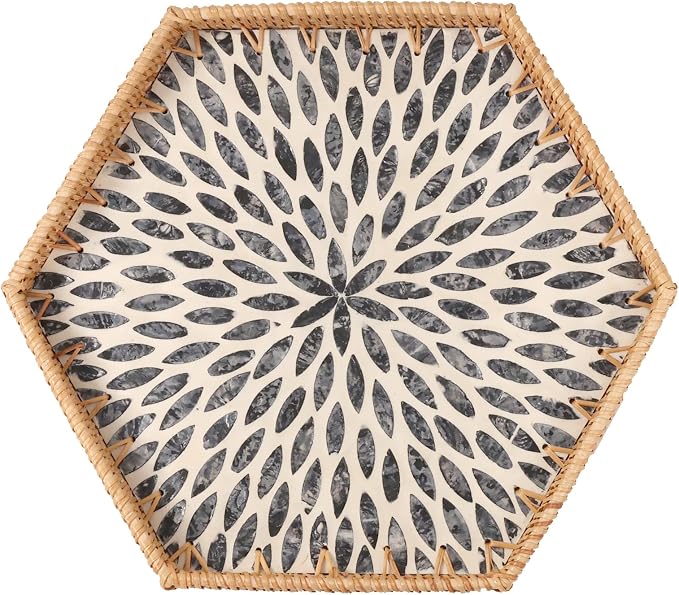 Hexagon Rattan Tray with Mother of Pearl Inlay, Rattan Serving Tray for Coffee, Bread, Fruits, Snacks, Decorative Wicker Tray for Table Decor, Home Decor (Black Leaves, 14.5"×12.8")