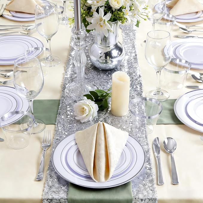 GATHER 176PCS Silver Plastic Plates for Wedding and Party | White and Silver Disposable Plates include 50 Plates, 75 Silverware, 25 Napkins, 25 Cups, 1 Tablecloth