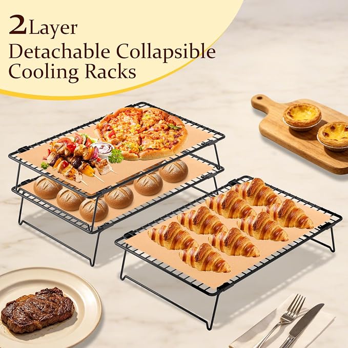 3Pcs Collapsible Cooling Rack, 13.4"x9.3" Cooling Racks with 50 Pcs Baking Paper | Wire Cookie Cooling Racks For Cooking & Baking, Dessert Display, Drying, Dishwasher Safe, Black