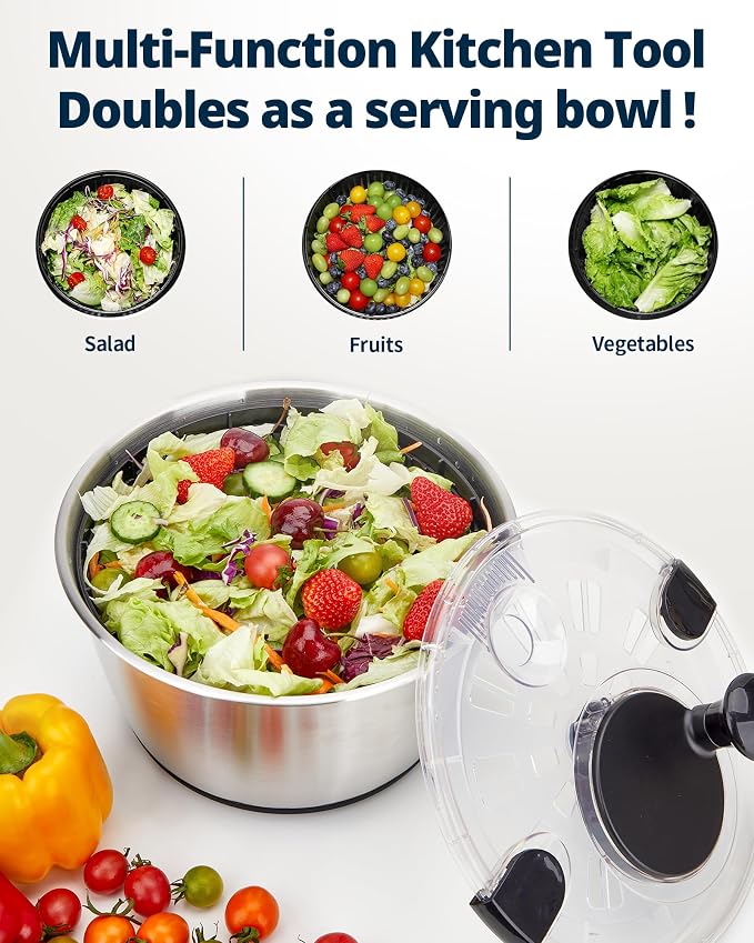 Stainless Steel Salad Spinner, 6.34Qt Large Lettuce Dryer, BPA-Free Vegetable & Fruit Washer with Drain, Easy Clean, Non-Slip Base, Transparent Lid