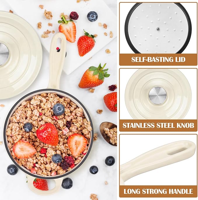 E-far Enameled Cast Iron Sauce Pan with Lid, 1 Quart Dutch Oven Saucepan, Mini Sauce Pot for Cooking, Boiling, Healthy & Non Toxic, Induction & Oven Safe, Cream
