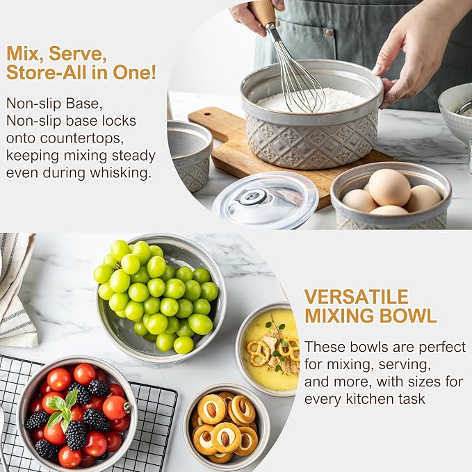 Ceramic Bowls with Lids set of 4, Soup Bowls, 28 oz Ramekins Baking Dishes for Kitchen, Food Storage Container Bowls Oven Safe, Bowls for Salad, Snack, Oatmeal, Fruit, Gifts, Grey
