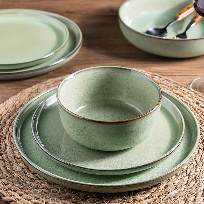GBHOME Dinnerware Sets for 6, 18 Pieces Ceramic Plates and Bowls Set | Scratch Resistant Stoneware Dishes Set, Dishwasher & Microwave Safe, Reactive Glaze-Pastel Green